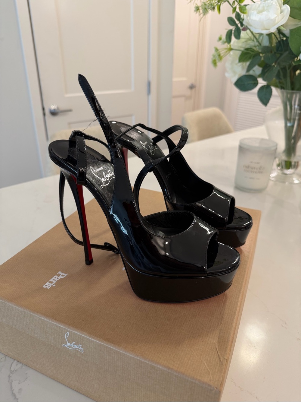 Christian Louboutin Black Patent Platform Slingback Heels with Red Sole